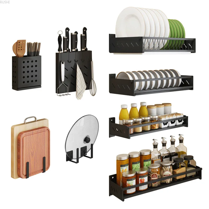 Black Stainless Steel Kitchen Shelf Wall-mounted Punch-free Bowls Dishes Holder Pot Cover Seasoning Storage Rack Hanging Shelf