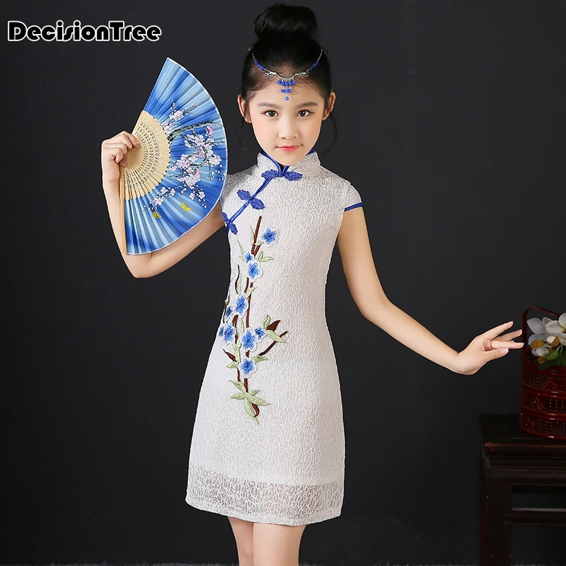 Новое Элегантное кимоно в цветочек с павлином, чонсам, детское платье, китайское платье Ципао для девочек