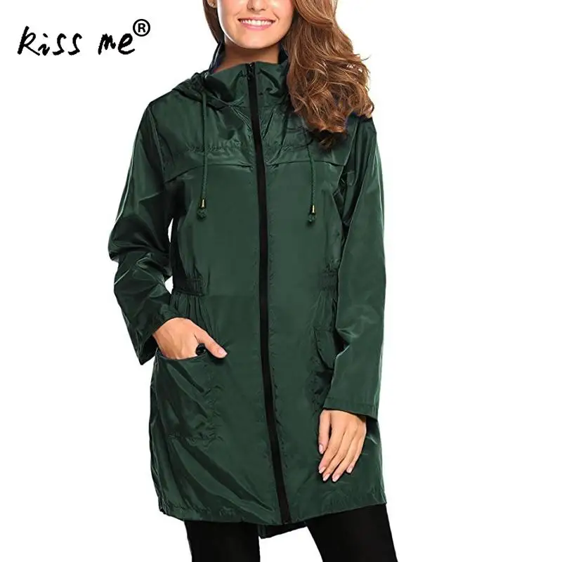 Женский Тренч, Одноцветный, с регулируемой талией, с капюшоном, для кемпинга, Женское пальто, для пеших прогулок, куртка для спорта на открытом воздухе, термо, средней длины, пальто - Color: green