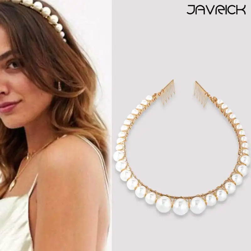

European Retro Palace Metallic Headband Women Girls Big Imitation Pearls Comb Design Hair Hoop Beading Wedding Jewelry Headwear