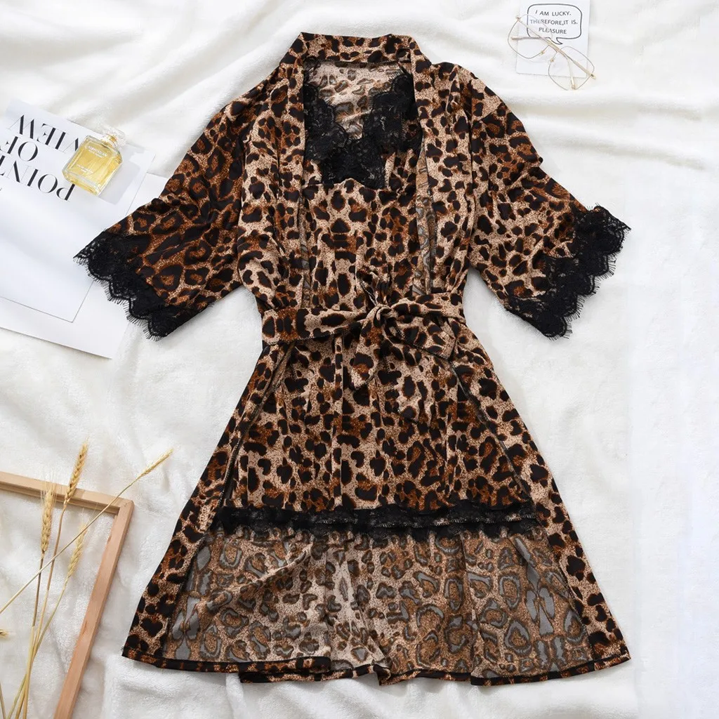 Женская пижама с леопардовым принтом, сексуальная новая ночная рубашка, кружевное белье, женская пижама, комплекты, халат, ночная рубашка, пижамы s3