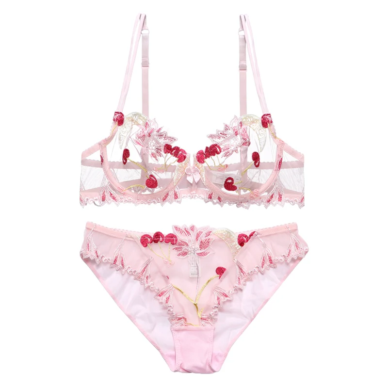 Pink Bra and panty set Transparent bra set push up Lingerie kawaii Cherry Embroidery underwear women bra Unlined seethrough