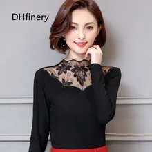 DHfinery Футболка женская на осень-зиму плюс плотный бархат дикий полый кружевной воротник футболка s черный теплые с длинными рукавами футболка H8315