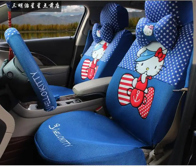 fashion navy blue polka dot hello kitty car seats cover full set front