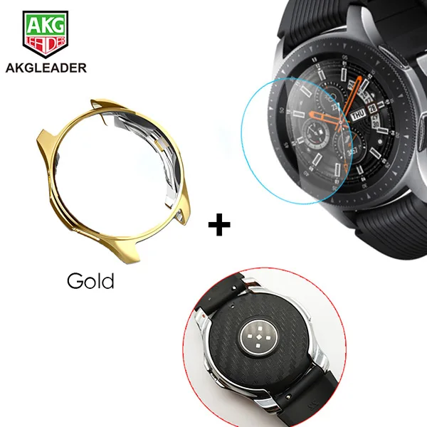 Для Galaxy Watch 46 мм закаленное стекло+ пленка из углеродного волокна+ чехол для Galaxy защита экрана хорошая для вашего ремешка часов - Цвет: Gold Case-1 Set