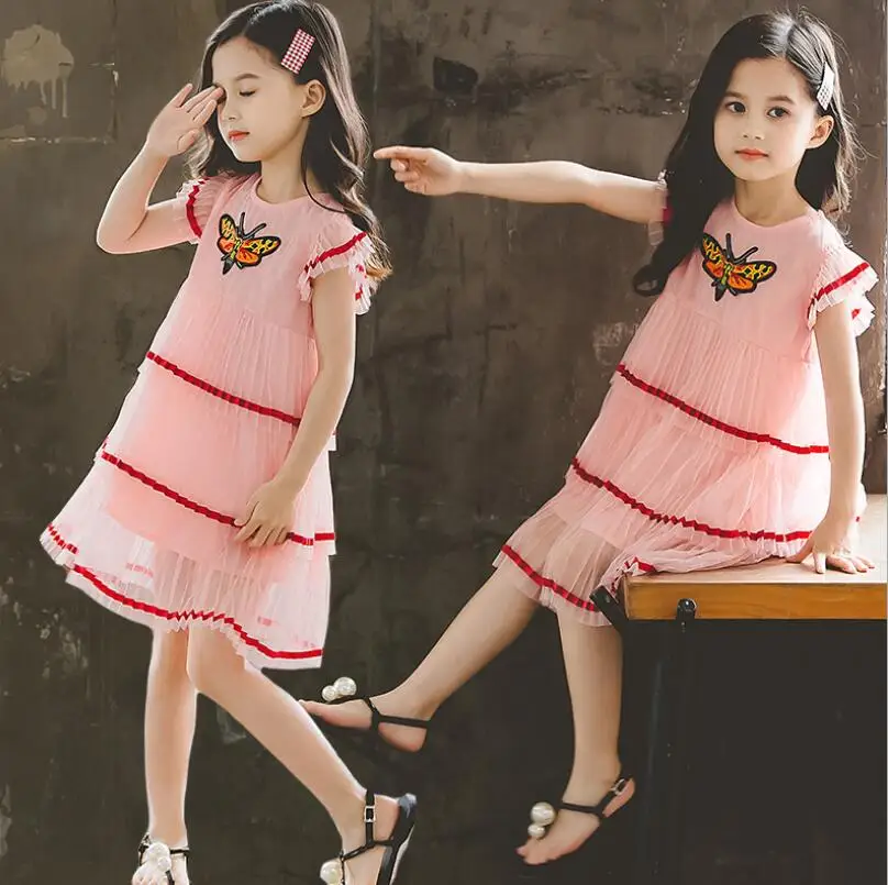 

New Retail 2019 Summer Children Girls Butterfly Embroidery Pleats Cake Dresses, Kids Fashion Boutique Pink Dress Free Shipping