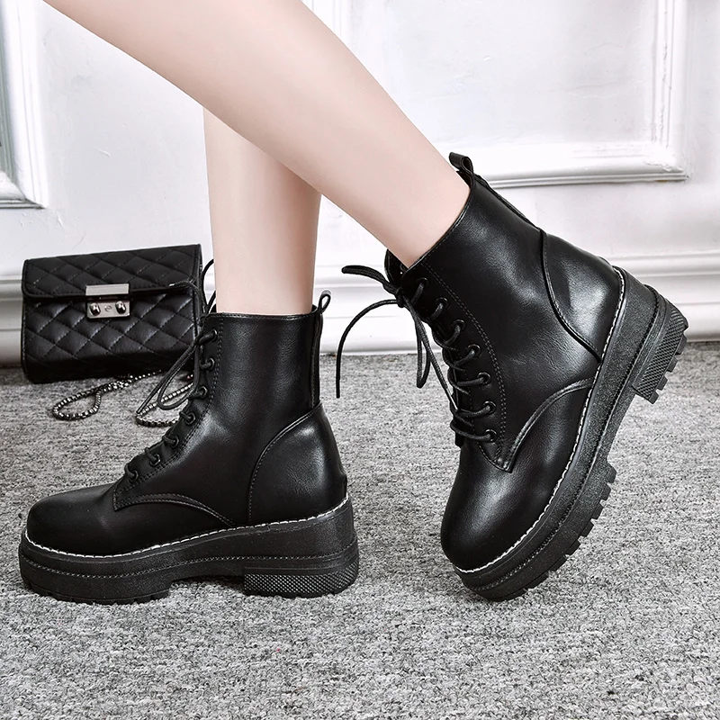 Осенние женские ботинки; женская обувь с круглым носком и пряжкой; Модные женские ботинки на высоком квадратном каблуке со шнуровкой; botas mujer invierno A4-79
