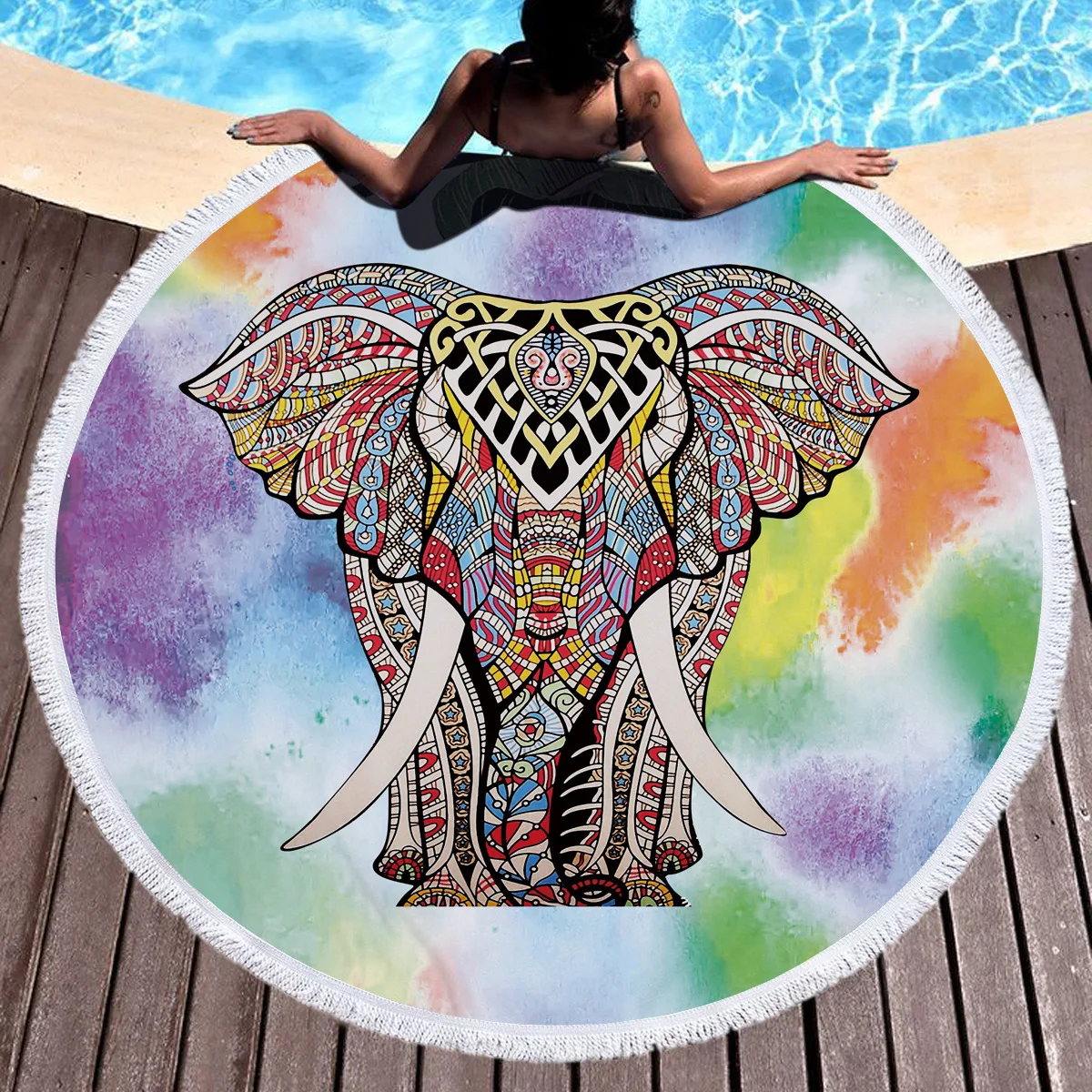 Indian Elephant Round Beach Towel Microfiber Printed with Tassel 150cm