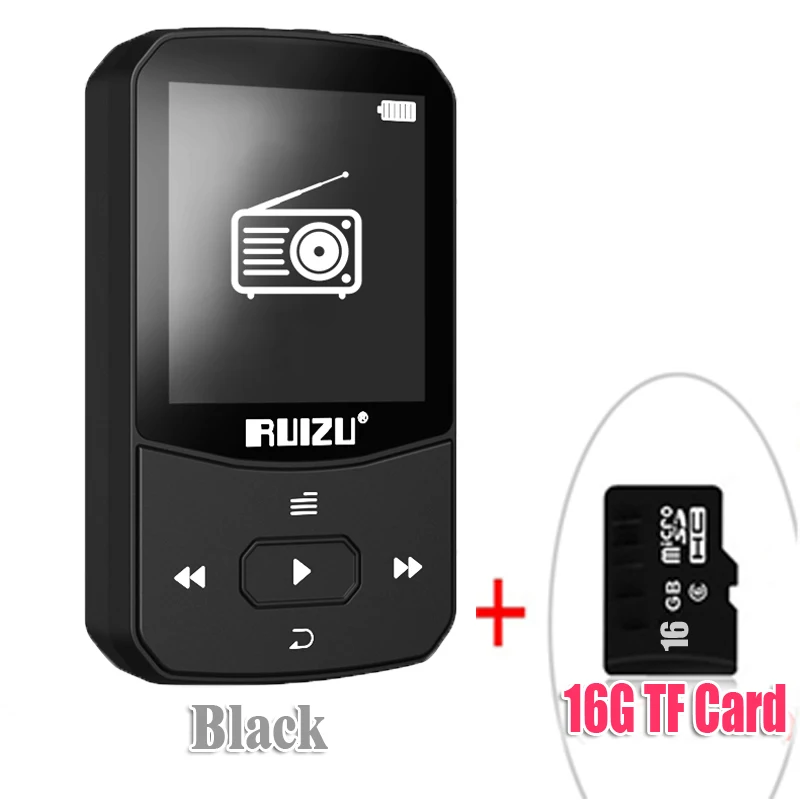Новое поступление RUIZU X52 Спортивный Bluetooth MP3 плеер 8 Гб клип мини с экраном Поддержка FM, запись, электронная книга, часы, шагомер - Цвет: Blackwith16gbTFcard