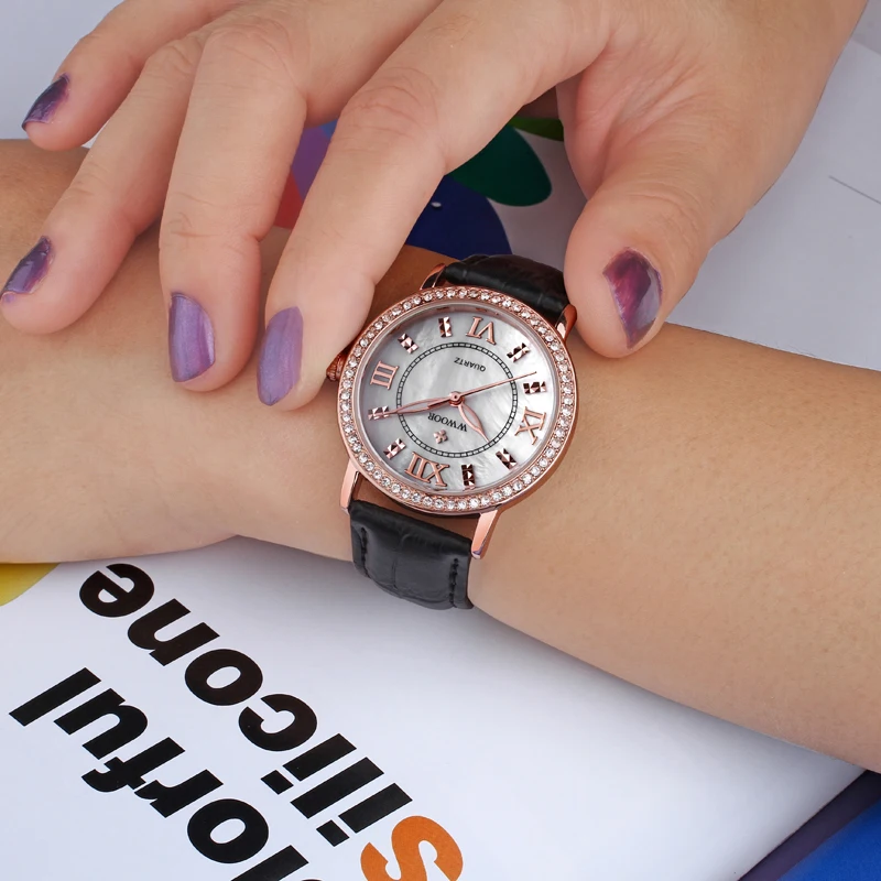 Brand Luxury Women Watches Red Leather Rhinestones Dress Casual Rose Gold Women Quartz Wrist Watch Ladies Clock Relogio Feminino