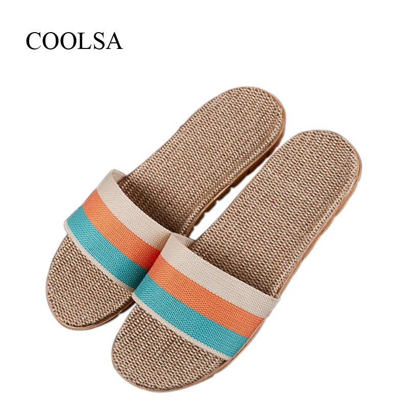 

COOLSA Women's Summer Striped Linen Silppers Breathable Non-slip Fashion Indoor Slippers Women Hemp Slides Women's Flax Slippers