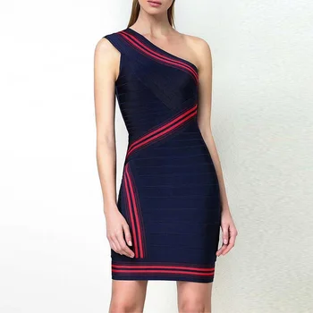 

New Fashion Dark Blue Wine Red Bandage Dress Women Summer One Shoulder Bodycon Stretch Night Party Dress Vestidos Wholesale 2018