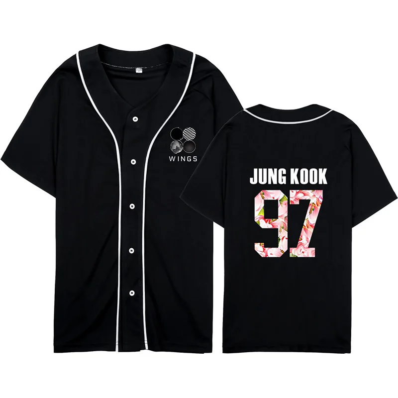 

Kpop Bangtan Boys ZIP Button Tshirts WINGS Baseball T Shirt Short Sleeve Pink JUNG KOOK JIMIN V Cotton Unisex Tees Tops