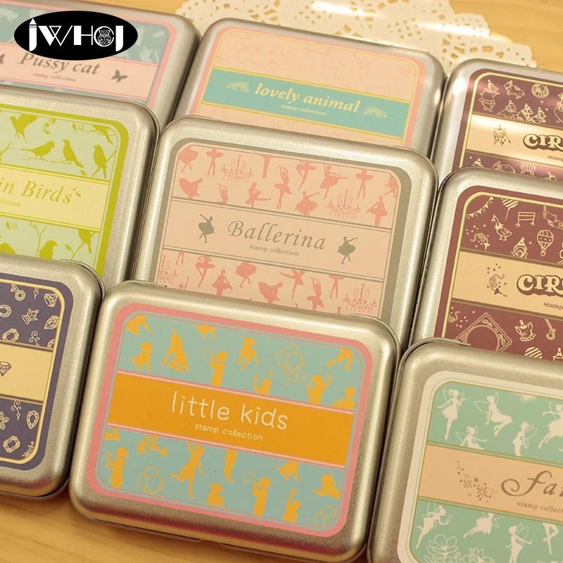 

1 sets Romantic tin box mini combination rubber Stamp diy Handmade Scrapbook Album Stamps decorati teacher seal kids toy gifts