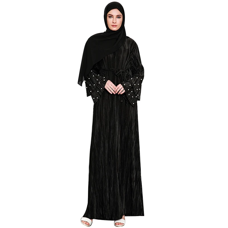 

Womens Plus Size Abaya Jilbab Muslim Maxi Pleated Dresses Flare Sleeve Casual Vintage Kaftan Beads Belted Long Robe Tunics Dress