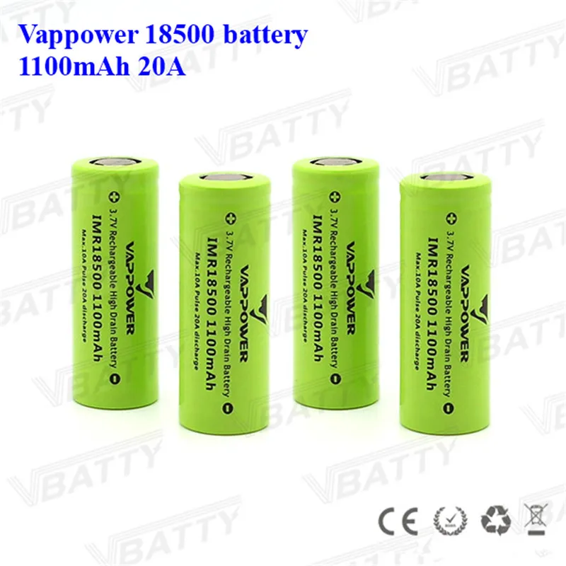 3,7 V 1100Mah IMR18500 литиевая аккумуляторная батарея Vappower 18500 1100mah 20A литий-ионная батарея для светодиодный фонариков