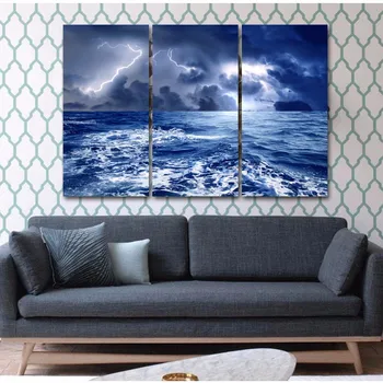 

Printed 3 piece canvas art rain storm lightening sea room decoration wall art Free shipping