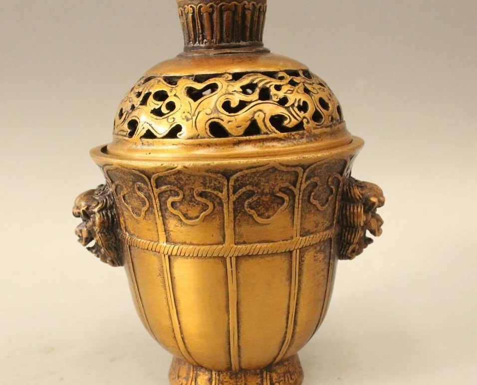 

6"Chinese Dyansty Palace Bronze Lion Foo Dog Incense Burner Censer Statue