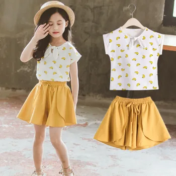 

Explosion models fashion summer girls new fashion printing banana cotton round neck two-piece large children girl fruit set tren