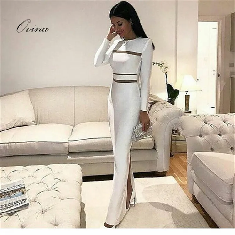 

White Fashion Dress Round Neck Long Sleeve Mesh Full Length Bandage Dress