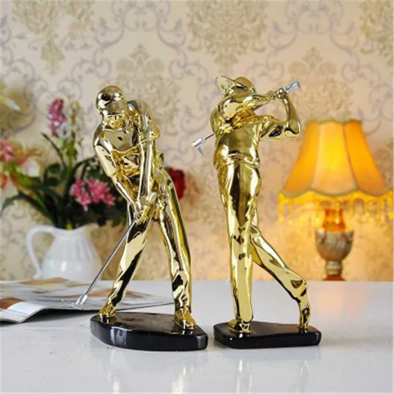 

European Style Gold Golfer Playing Golf Figure Sculpture Creative Colophony Crafts Office Table Decoration G1026
