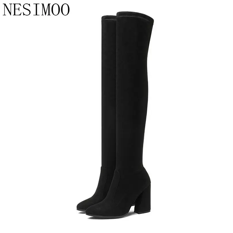 

NESIMOO 2019 Winter Women Over The Knee Boots High Heel Pointed Toe Platform Shoes Slip On Ladies Gray Leisure Boots Size 34-43