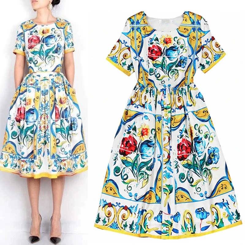 

XXL 3XL 2018 Female Runway Summer Colorful Porcelain Pattern Printed Midi Dress Women Pockets Short Sleeve Dresses JC2524