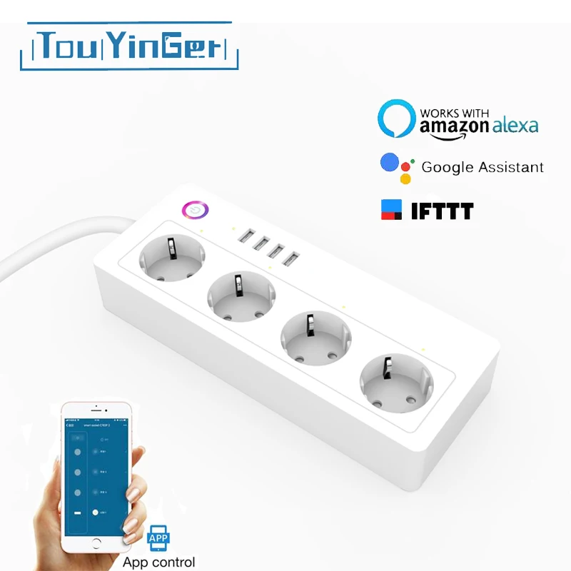

Touyinger Smart Wifi Power Strip EU UK US Plug Overload Switch Surge Protector 4 USB Charger Socket for Alexa Google Home IFTTT