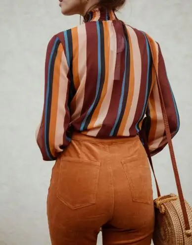 2019 New Fashion Women Stand Collar Stripe Printing Bandage Long Sleeves Tops Bluses korean style