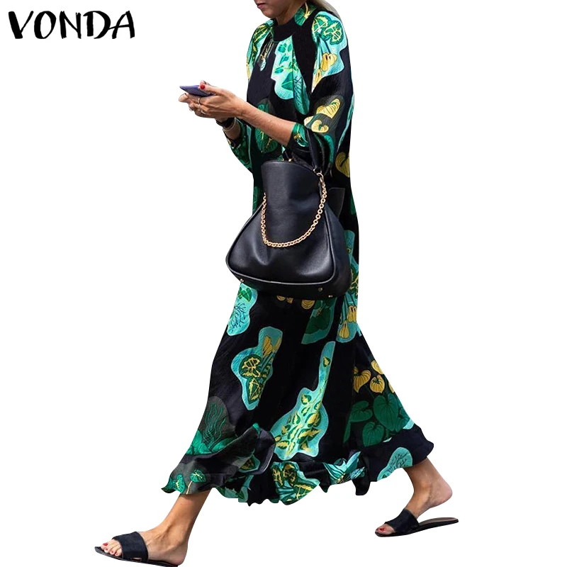 VONDA Summer Dress Women Long Maxi Dress Vintage Floral Printed Long Sleeve Loose Beach Sundress Plus Size Casual Vestidos