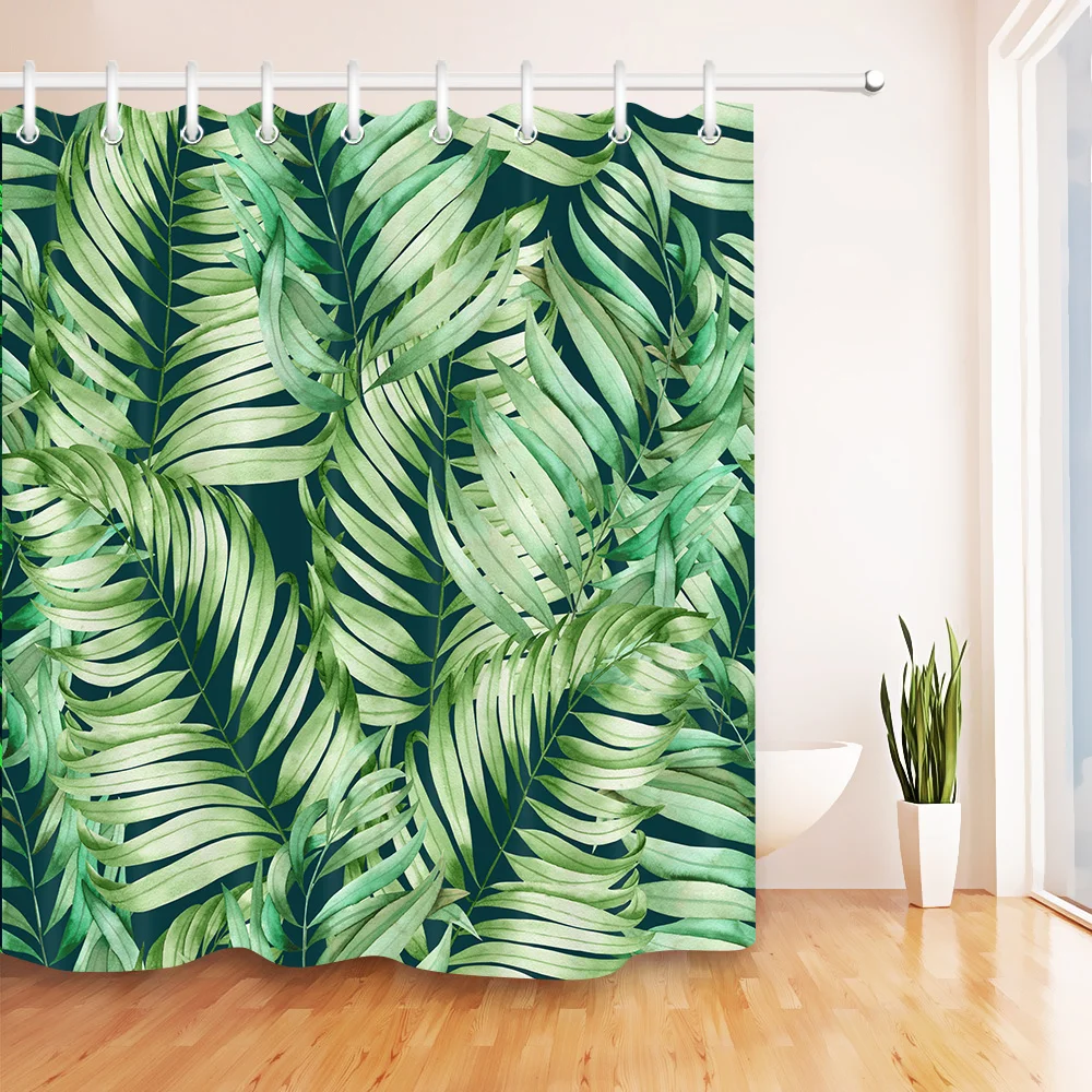 Waterproof Polyester Green Long Tropical Palm Leaves Shower Curtain