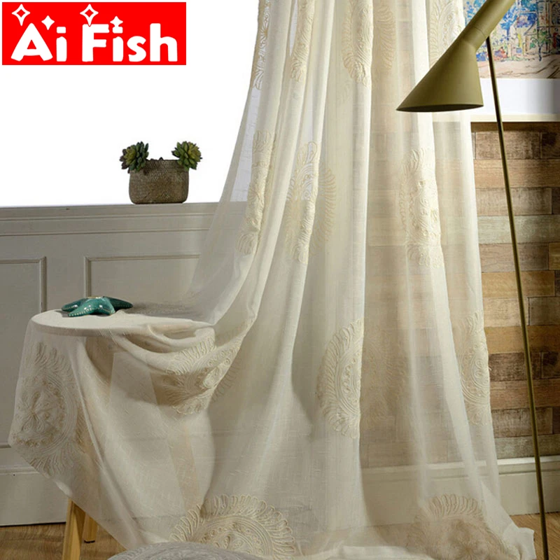 

Imitation Linen Thread Embroidered Window Screen Sheer Panel Fabric Europe Curtains For Bedroom Living Room Beige Drapes AP045-3