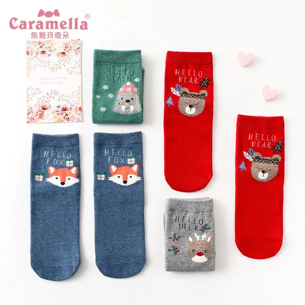 Caramella, 4 пар/лот, новинка, зимние женские носки, хлопок, красный, Рождественский олень, короткие носки, Вселенная, новинка, Короткие забавные Чулочные изделия