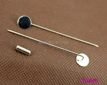 

6mm Blank Flat Circle Pad tray w/ Stopper Brooch Bases Settings Diy Brooches Pins Making Rhodium tone Plated Brass 50pcs/lot