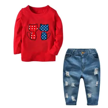 

Kids Girls Boys Clothes Spring Outfits Children Striped Cotton T-shirt Hole Jeans Pants ensemble fille For 2 4 6 8 9 Years