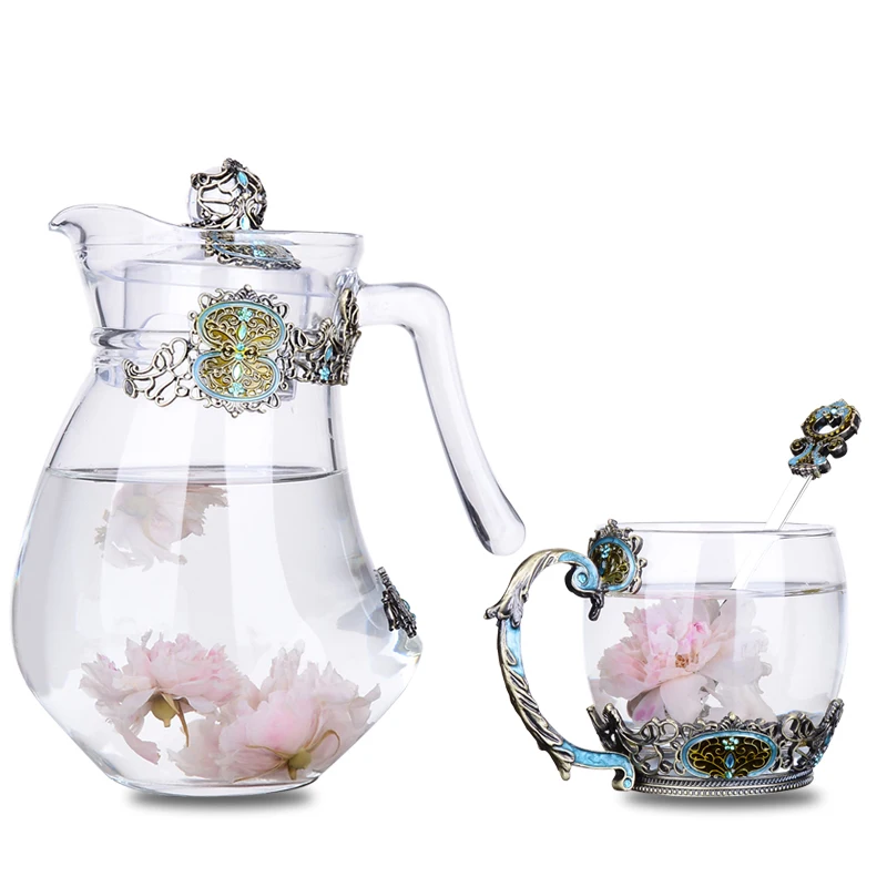 Европейский роскошный эмалированный цветной стеклянный набор чашек, бытовой цветочный чайный стакан, чашка для сока, термостойкая кофейная чашка для воды, чайник, набор кастрюль