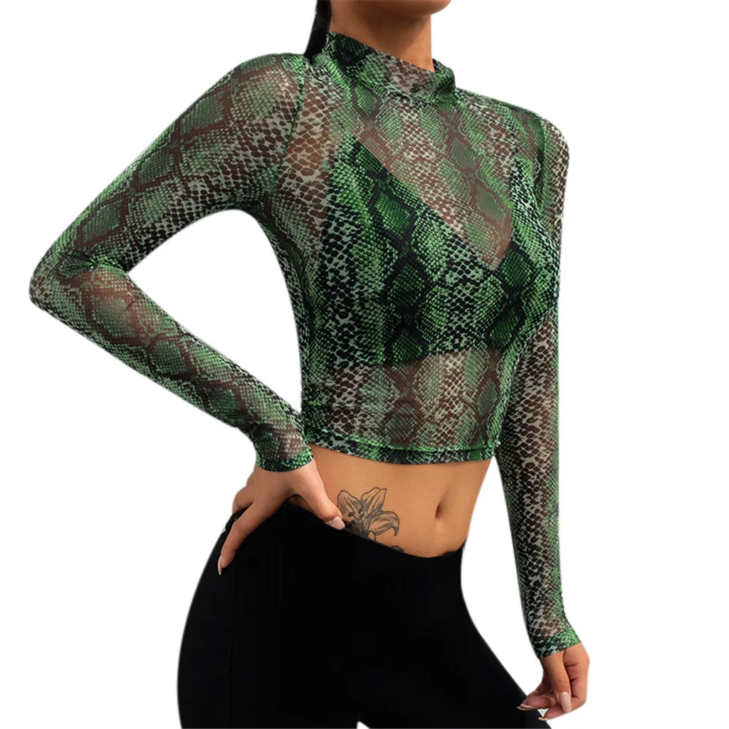 Весенняя Сексуальная Женская Сетчатая футболка с принтом змеиной кожи, длинный рукав, пупка, топы, футболки, облегающая, Прозрачная Футболка A40 - Цвет: Зеленый