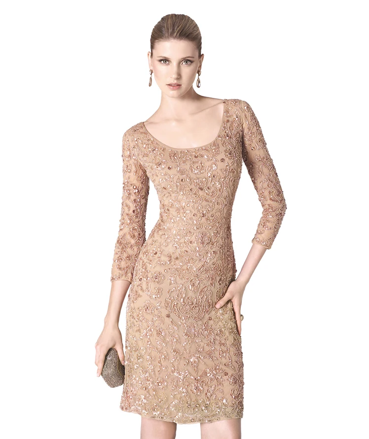 Embroidery Lace Evening Dress Short 3/4 Sleeves O Neck Luxury Knee Length Vestidos De Festa Curto Fashionable Prom Gown | Свадьбы и