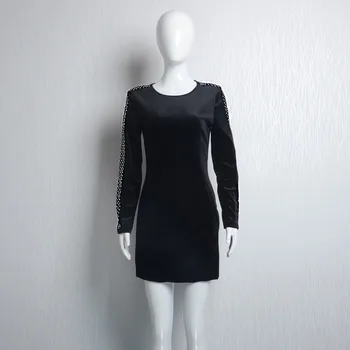

Girl dress Women lady clothes Black velvet sexy slim sleeeves with diamond one-piece dress
