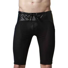Men shorts Brand Fashion casual shorts Breathable Faux Leather Patchwork Mesh Black Casual solid Drawstring Men Shorts men zip decoration drawstring shorts