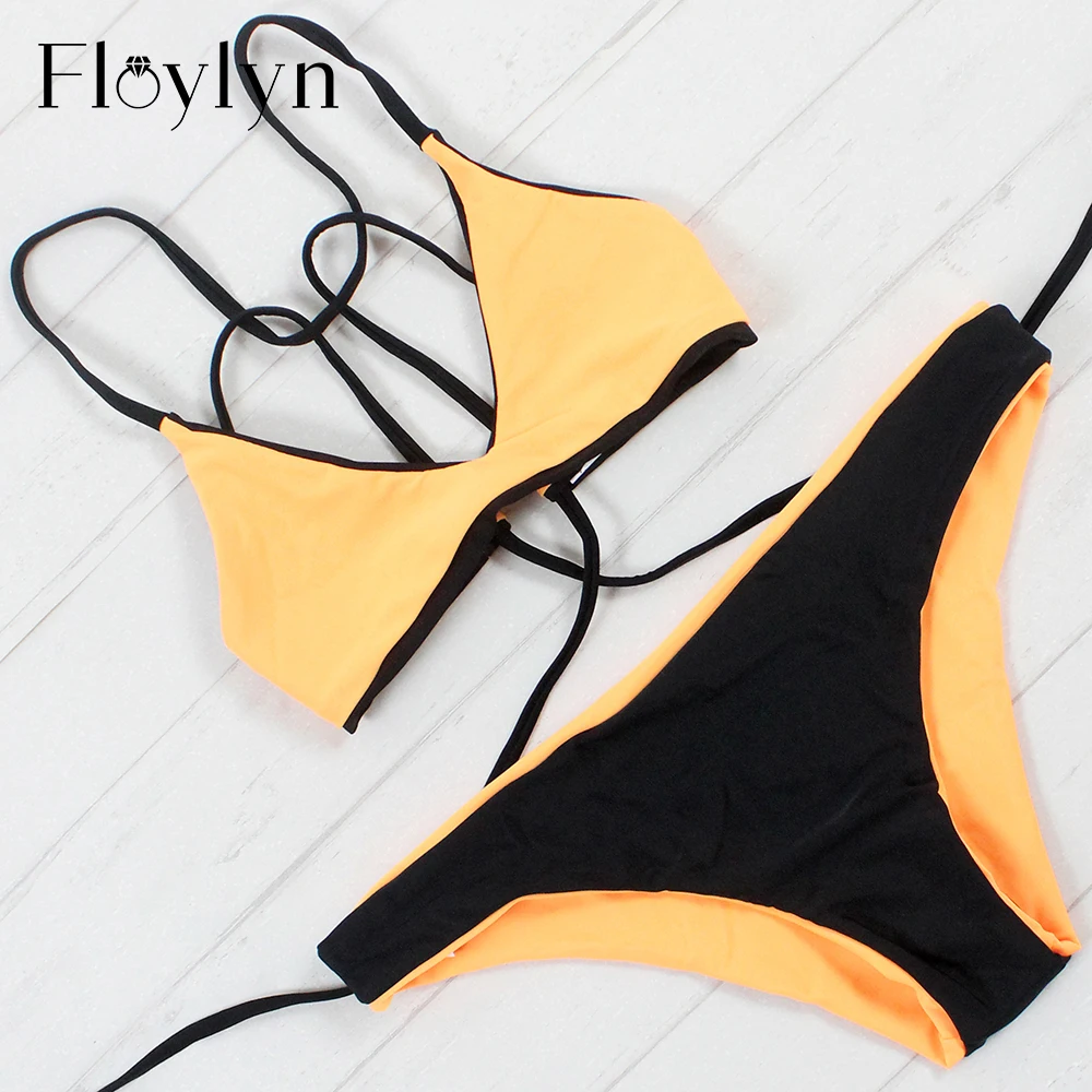 

Floylyn Double Sides Retro High Sexy Patchwork Bikini Set Swimwear Womens Swimsuit Bathing Suit Beach Padded Bikinis Women
