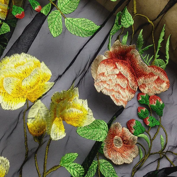 

120cm wide yellow and orange flower embroidery net cutout lace fabric