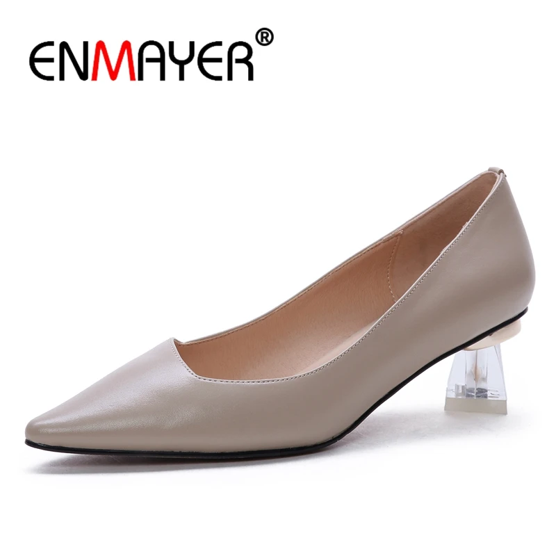 

ENMAYER Genuine Leather Pointed Toe Woman Shoes Casual Slip-On Pumps Women Heels Zapatos Mujer Tacon Size 34-39 ZYL2654