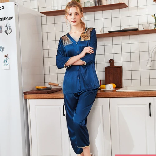 Navy Blue SSH0321 новые весенне-летние пижамы женские сексуальные V Ночная Пижама с горловиной леди половина рукава 2 шт пижамный комплект атласные шелковые пижамы - Цвет: Navy Blue