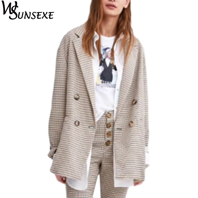 

Double Breasted Plaid Blazer New Autumn Women Casual Long Sleeve Lazy Loose Outerwear Coat Office Ladies Fashion Blazer 2018