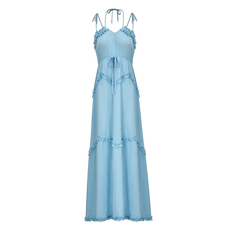 

Summer Backless Strap Beach Long Dress Women Halter Lace Up Pink Boho Sexy Sundress Elegant Ladies Holiday Casual Maxi Dresses