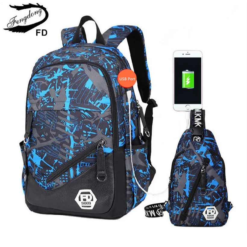 FengDong blue External USB Charge men travel Backpack Male Laptop bag 15.6 college bags high school backpacks for boys rucksack