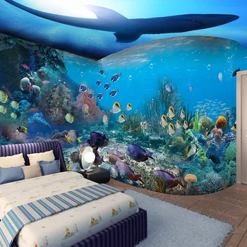 

3d papel parede Fish Coral Sea World Dolphin Wall paper 3d photo Mural wallpaper for Kid Child RoomSofa Background Decor 4styles