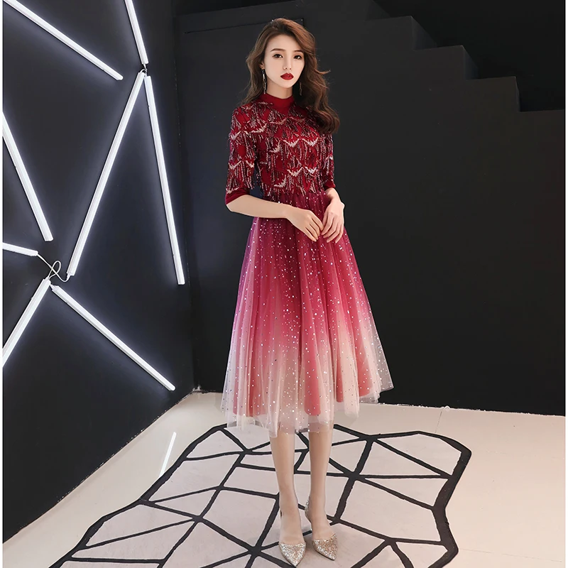 

2019 Half Sleeves Short Evening Dress Wine Red Sequins High-neck Formal Party Dress LF178