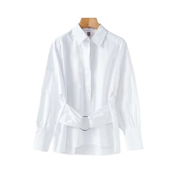 

Office Lady Women Solid Loose White Long Sleeve Shirt With Waisted Sashes Casual Street Wear Women White Top Shirt